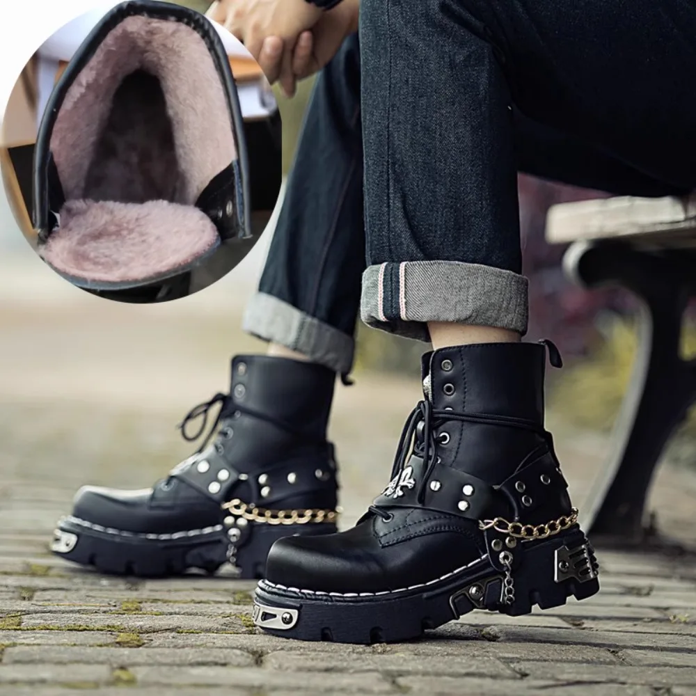 Motorcycle Chain - Herren Mode Echtleder Motorradstiefel, Punk Goth