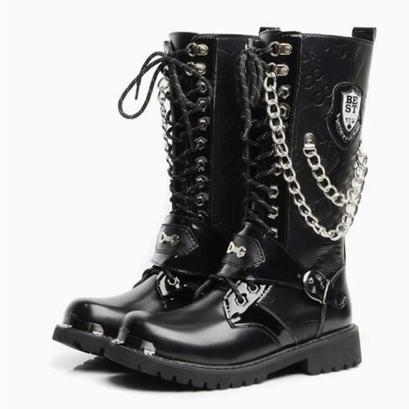 Steel Chain - Herren Mode Motorradstiefel Halbhohe Atmungsaktive Kampfstiefel